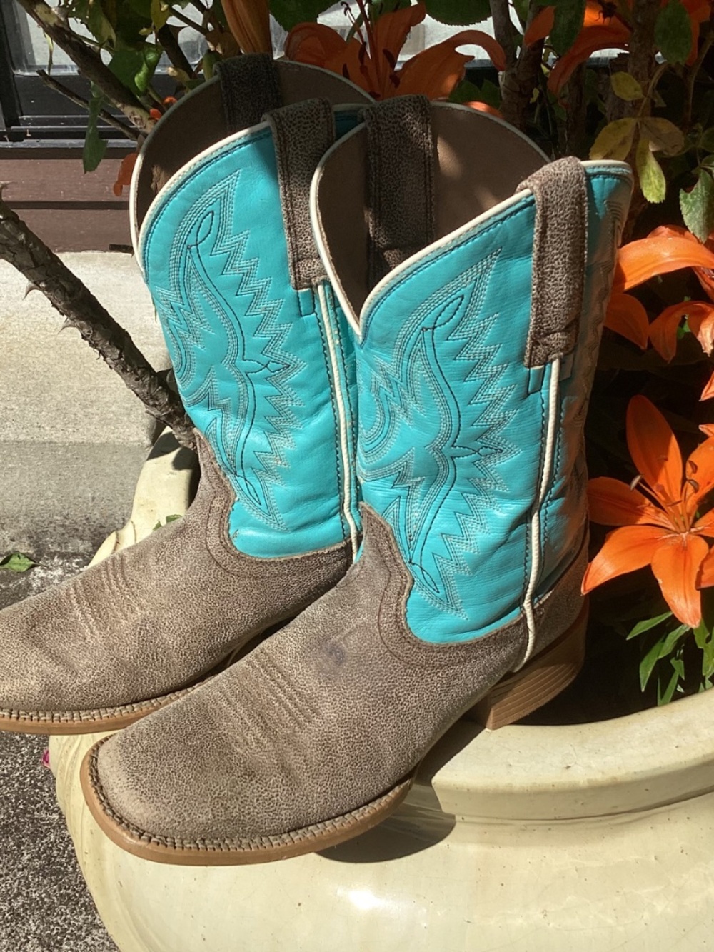 Ariat Turquoise Teal Blue And Brown Square Toe Western Cowgirl Kids Boots🦋 - Picture 13 of 14